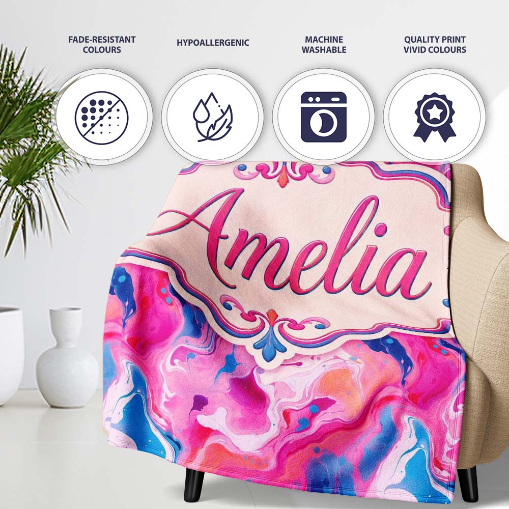 Vibrant Pink Blue Abstract Fluid Marble Seamless Pattern Name Cute Personalised Custom Name Super Soft Fleece Blanket Bed Sofa Throw