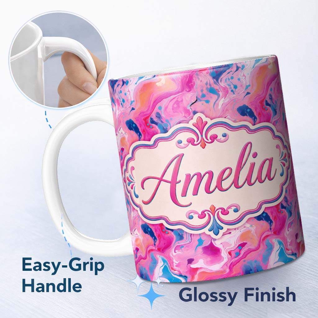 Personalized Custom Name Vibrant Pink Blue Abstract Fluid Marble Seamless Pattern Name Cute 11oz Ceramic Coffee Tea Mug White Large Handle