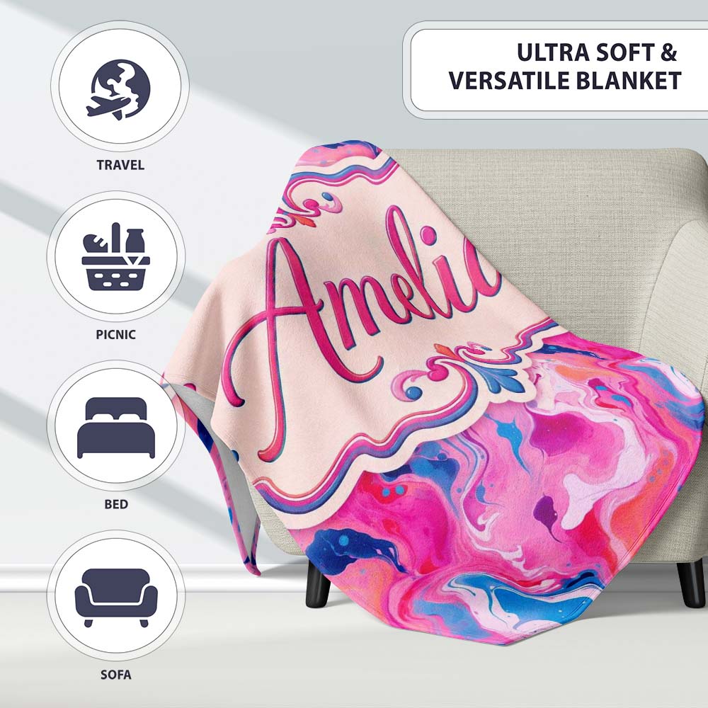 Vibrant Pink Blue Abstract Fluid Marble Seamless Pattern Name Cute Personalised Custom Name Super Soft Fleece Blanket Bed Sofa Throw