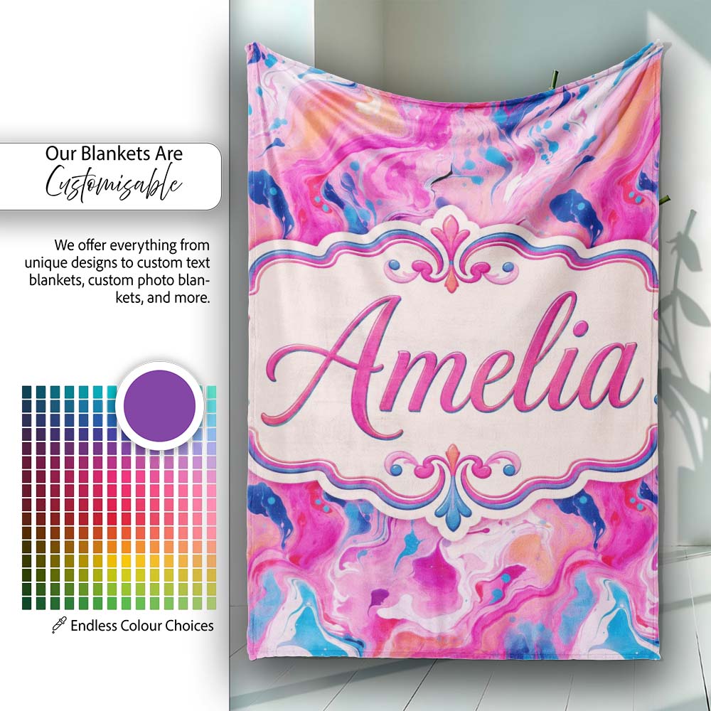 Vibrant Pink Blue Abstract Fluid Marble Seamless Pattern Name Cute Personalised Custom Name Super Soft Fleece Blanket Bed Sofa Throw