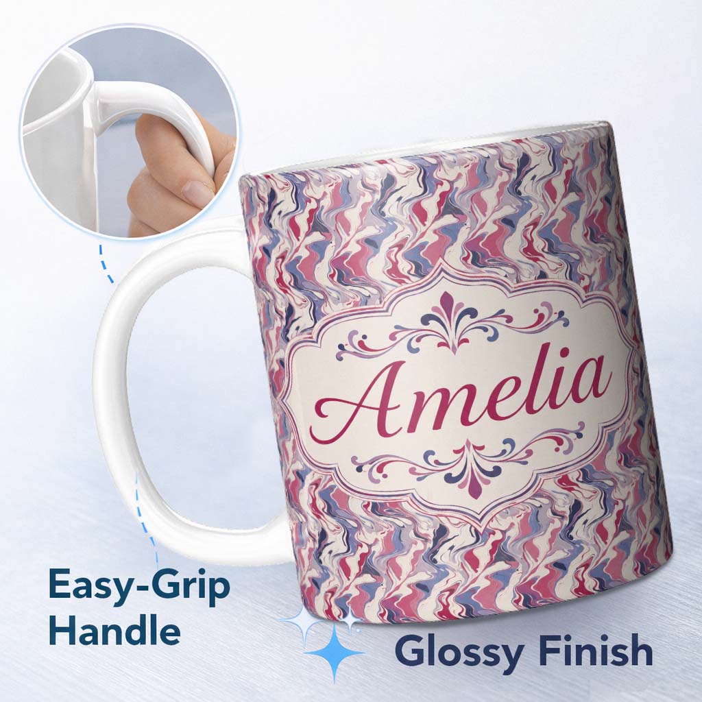 Personalized Custom Name Soft Pink Blue Abstract Fluid Marble Seamless Pattern Name Cute 11oz Ceramic Coffee Tea Mug White Large Handle
