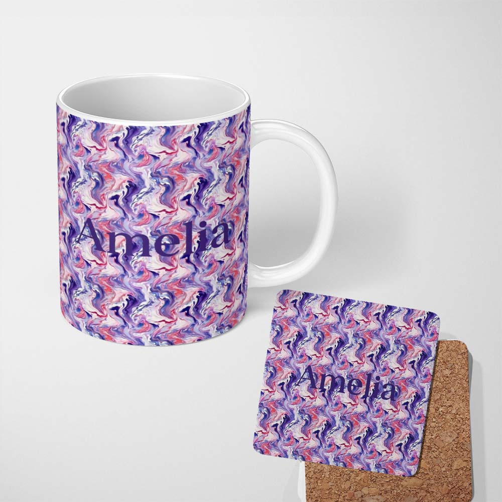 Personalized Custom Name Purple Pink Liquid Marble Swirl Seamless Pattern Name Cute Unique 11oz Ceramic Coffee Tea Mug White Large Handle