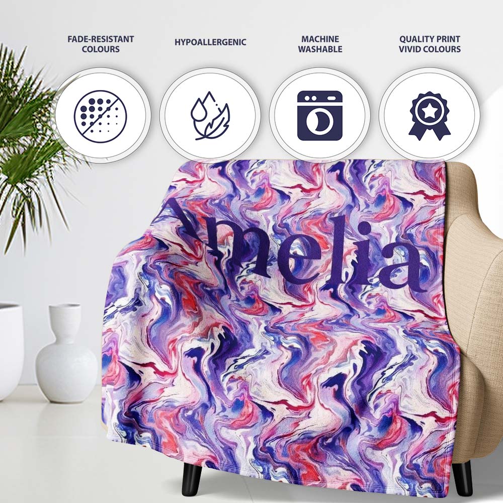 Purple Pink Liquid Marble Swirl Seamless Pattern Name Cute Unique Personalised Custom Name Super Soft Fleece Blanket Bed Sofa Throw