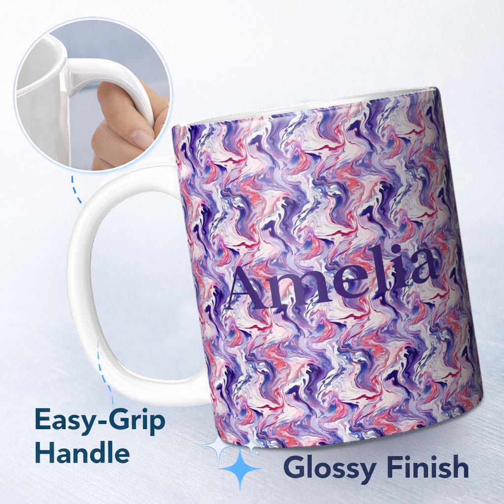 Personalized Custom Name Purple Pink Liquid Marble Swirl Seamless Pattern Name Cute Unique 11oz Ceramic Coffee Tea Mug White Large Handle