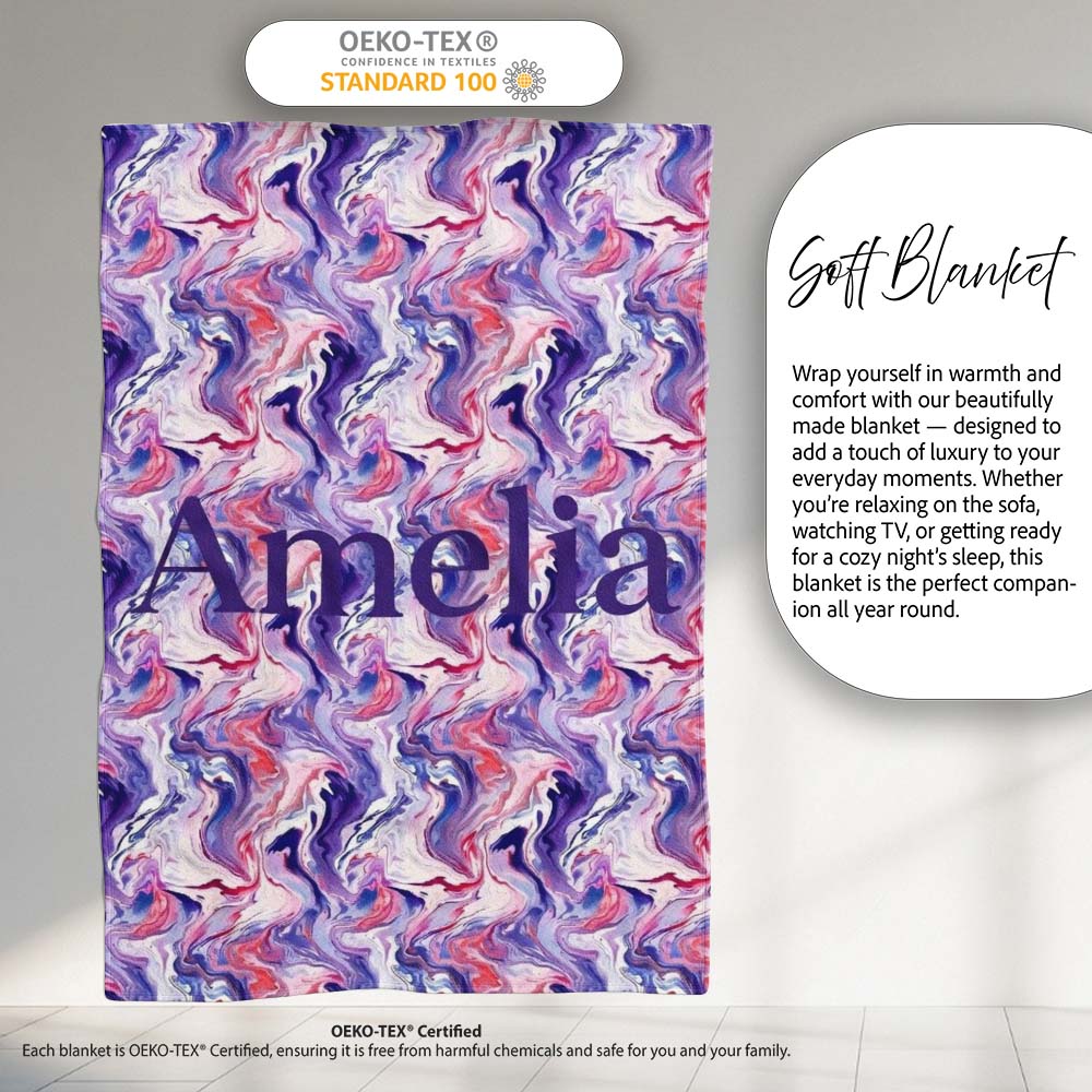 Purple Pink Liquid Marble Swirl Seamless Pattern Name Cute Unique Personalised Custom Name Super Soft Fleece Blanket Bed Sofa Throw