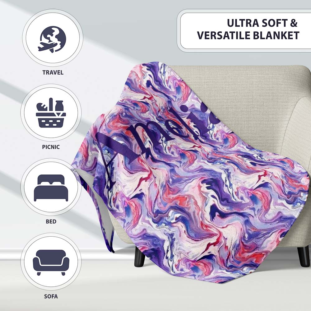 Purple Pink Liquid Marble Swirl Seamless Pattern Name Cute Unique Personalised Custom Name Super Soft Fleece Blanket Bed Sofa Throw
