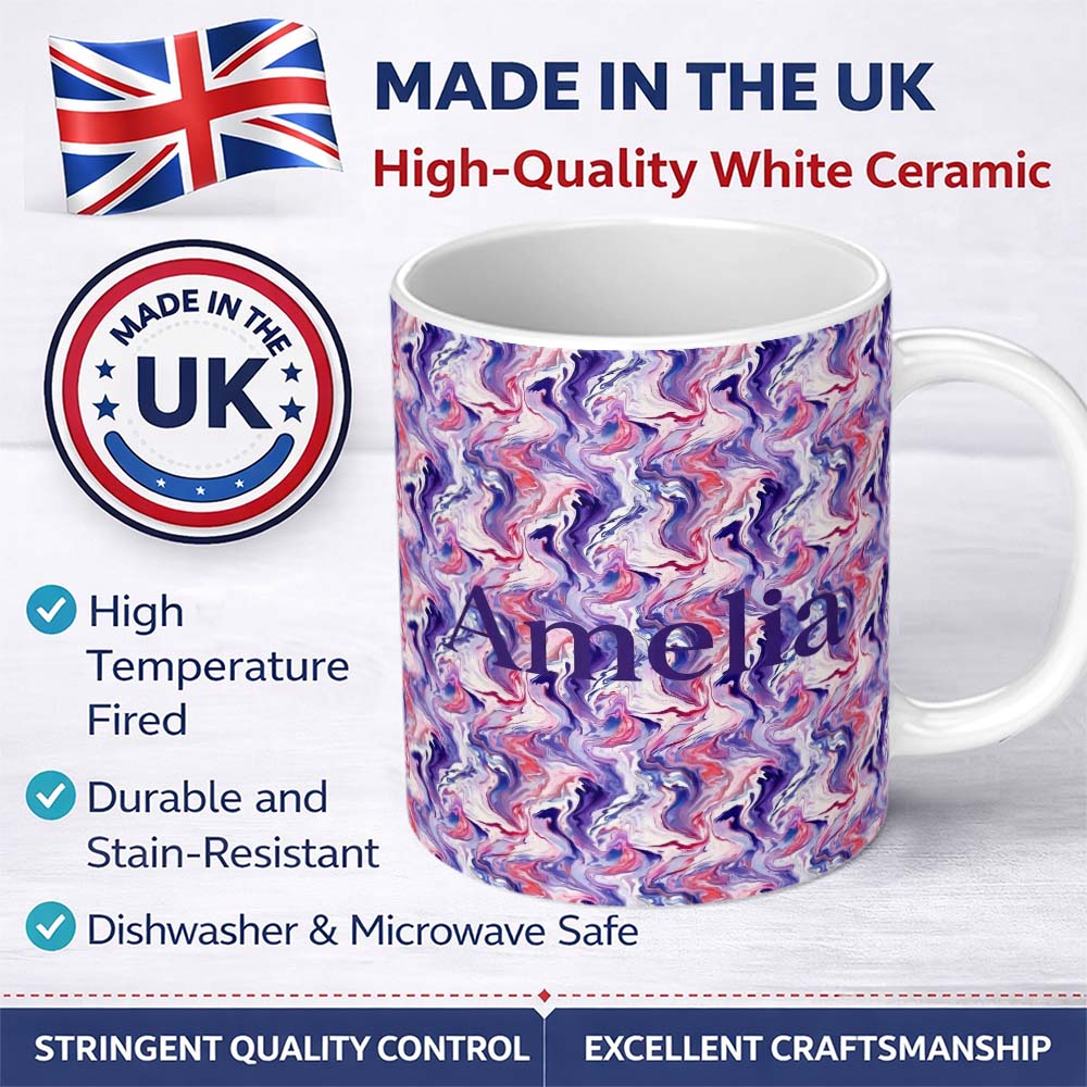 Personalized Custom Name Purple Pink Liquid Marble Swirl Seamless Pattern Name Cute Unique 11oz Ceramic Coffee Tea Mug White Large Handle