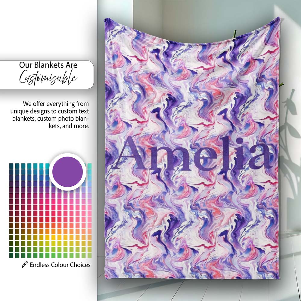 Purple Pink Liquid Marble Swirl Seamless Pattern Name Cute Unique Personalised Custom Name Super Soft Fleece Blanket Bed Sofa Throw
