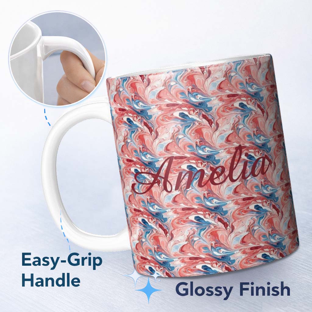 Personalized Custom Name Coral Blue Soft Fluid Marble Seamless Pattern Custom Name Cute 11oz Ceramic Coffee Tea Mug White Large Handle