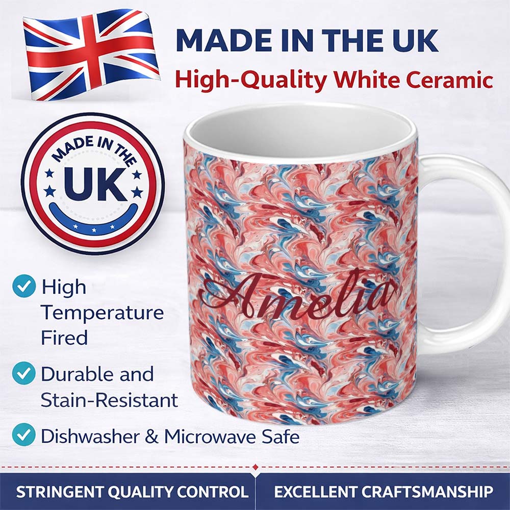 Personalized Custom Name Coral Blue Soft Fluid Marble Seamless Pattern Custom Name Cute 11oz Ceramic Coffee Tea Mug White Large Handle