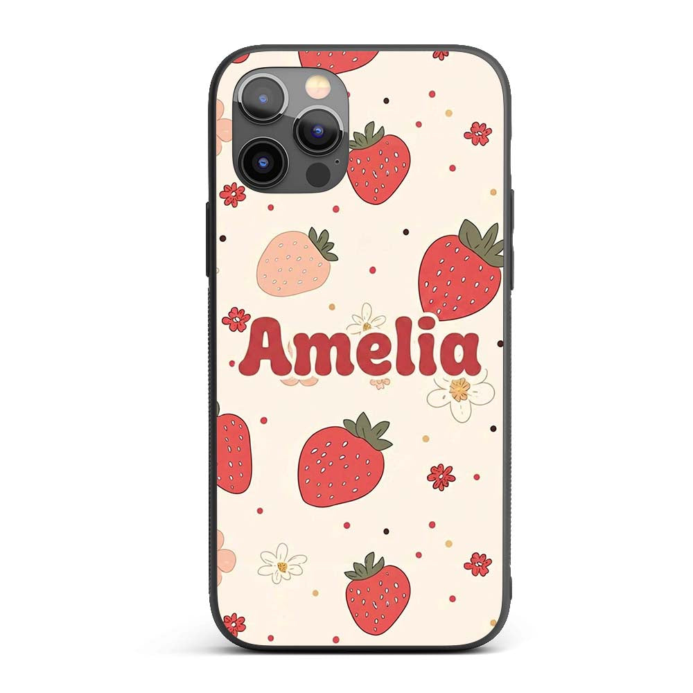 Cute Strawberry Floral Doodle Seamless Pattern Custom Name Protective Phone Case Mobile Cover Durable Everyday Smartphone Shock Resistant