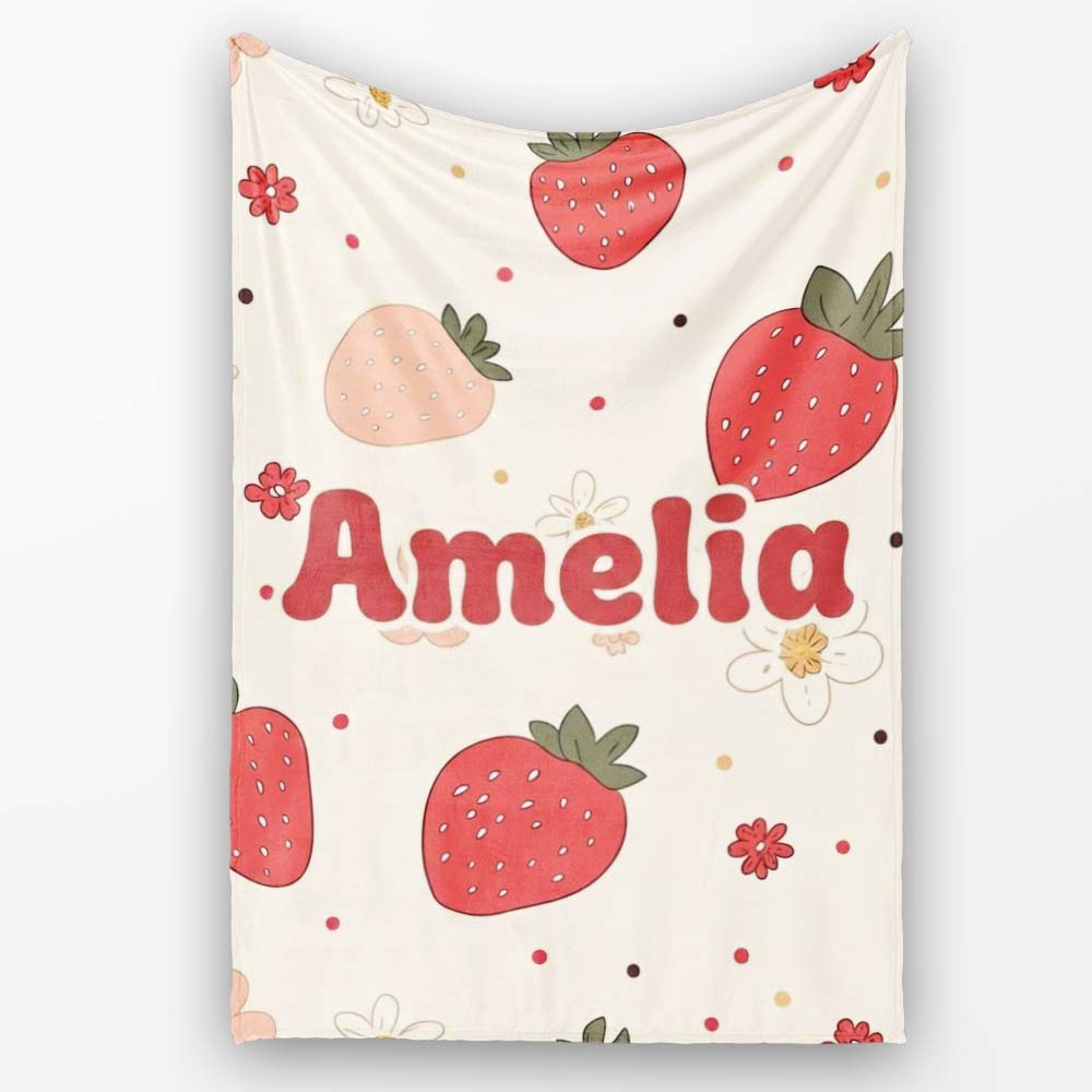 Cute Strawberry Floral Doodle Seamless Pattern Name Unique Gift Personalised Custom Name Super Soft Fleece Blanket Bed Sofa Throw
