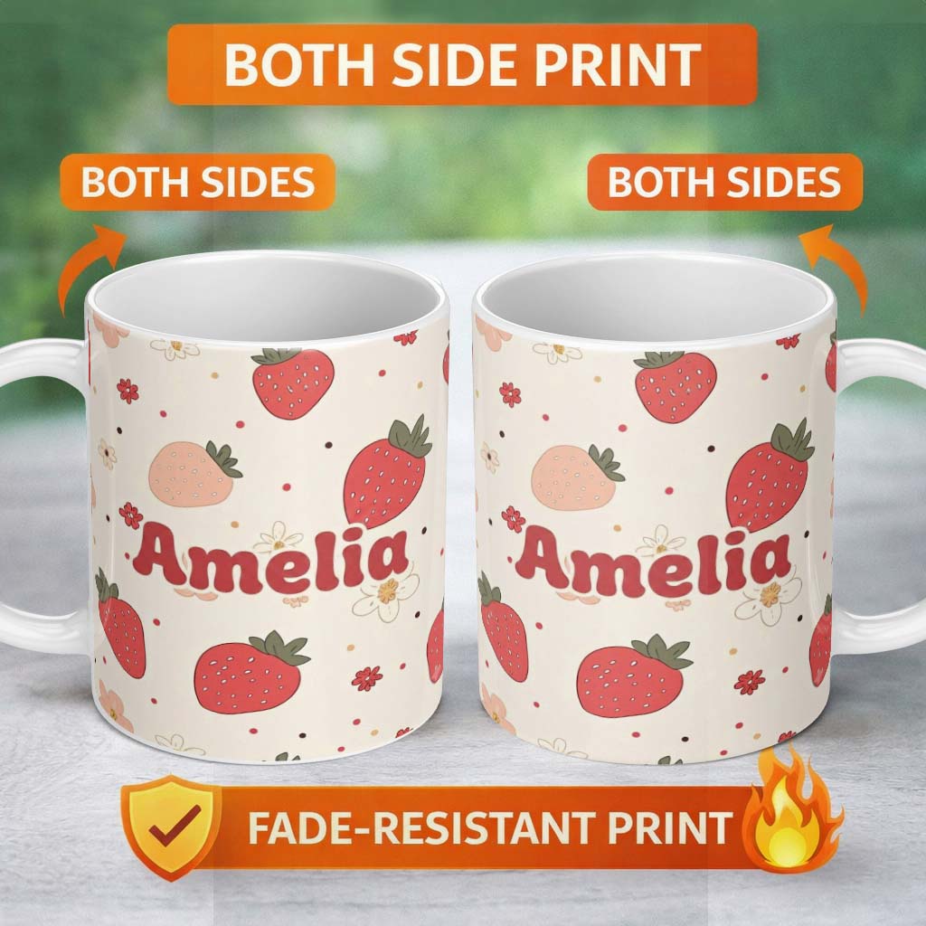 Personalized Custom Name Cute Strawberry Floral Doodle Seamless Pattern Name Unique Gift 11oz Ceramic Coffee Tea Mug White Large Handle