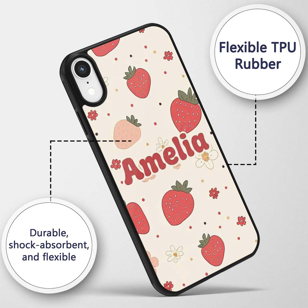 Cute Strawberry Floral Doodle Seamless Pattern Custom Name Protective Phone Case Mobile Cover Durable Everyday Smartphone Shock Resistant