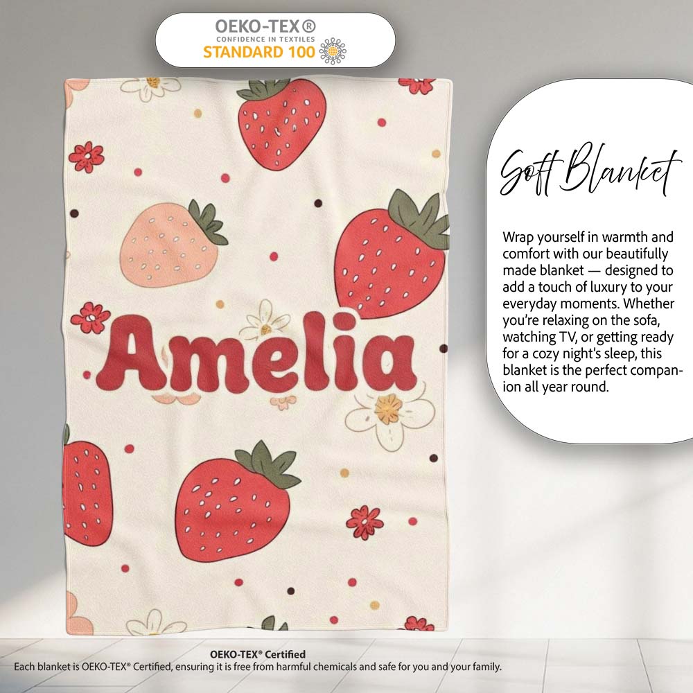 Cute Strawberry Floral Doodle Seamless Pattern Name Unique Gift Personalised Custom Name Super Soft Fleece Blanket Bed Sofa Throw