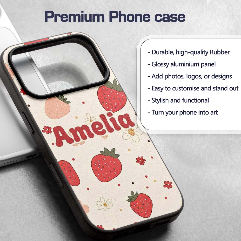 Cute Strawberry Floral Doodle Seamless Pattern Custom Name Protective Phone Case Mobile Cover Durable Everyday Smartphone Shock Resistant