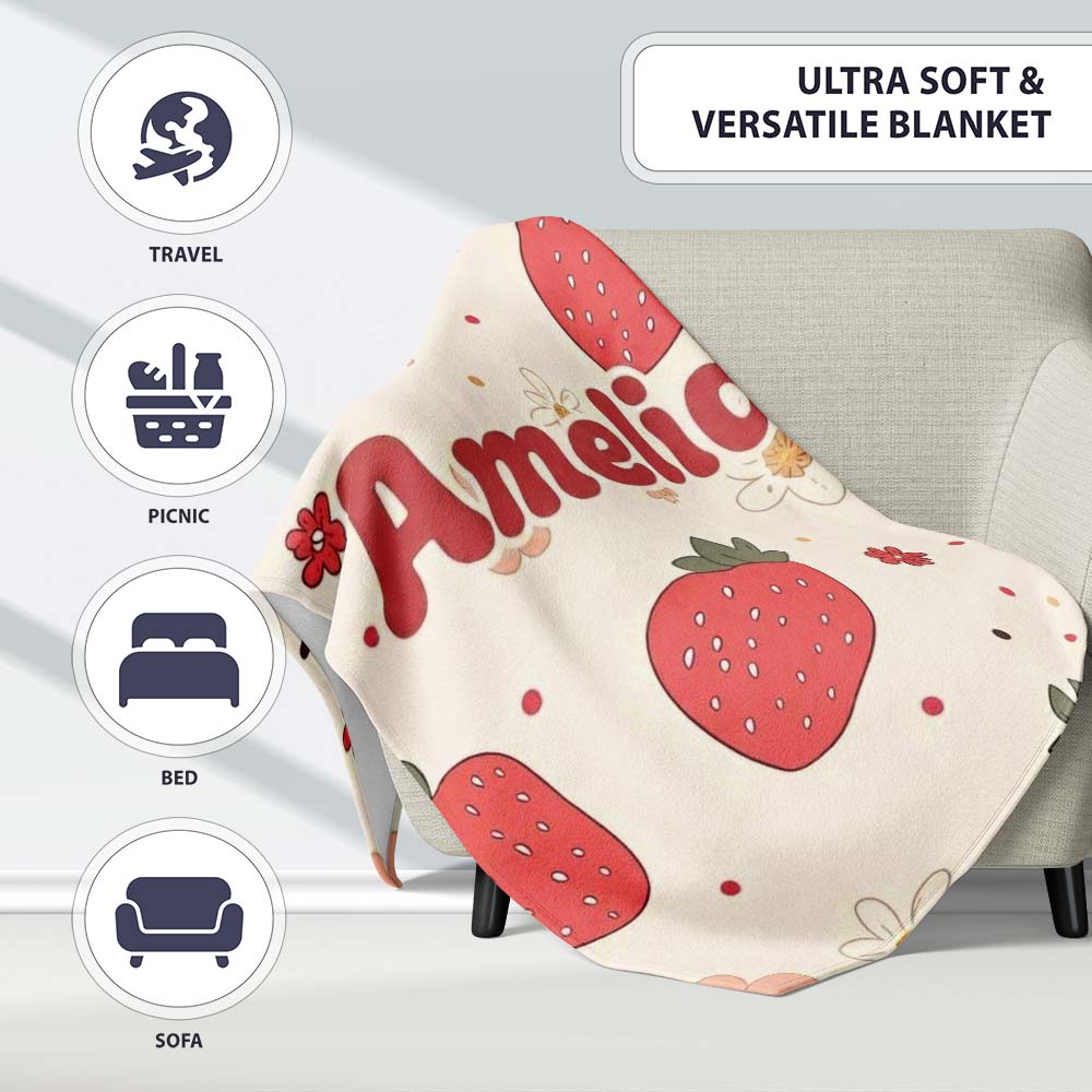 Cute Strawberry Floral Doodle Seamless Pattern Name Unique Gift Personalised Custom Name Super Soft Fleece Blanket Bed Sofa Throw