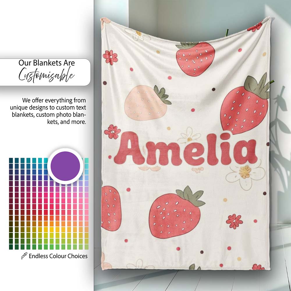 Cute Strawberry Floral Doodle Seamless Pattern Name Unique Gift Personalised Custom Name Super Soft Fleece Blanket Bed Sofa Throw