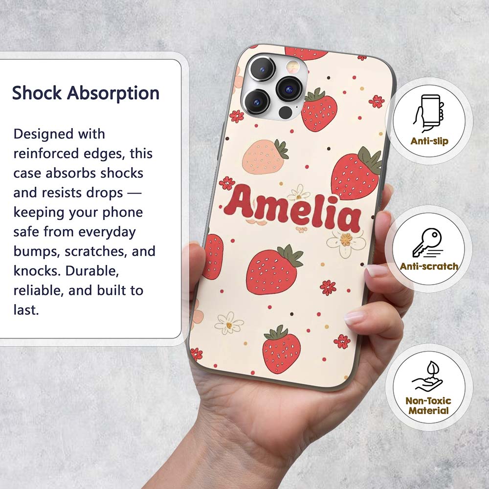 Cute Strawberry Floral Doodle Seamless Pattern Custom Name Protective Phone Case Mobile Cover Durable Everyday Smartphone Shock Resistant
