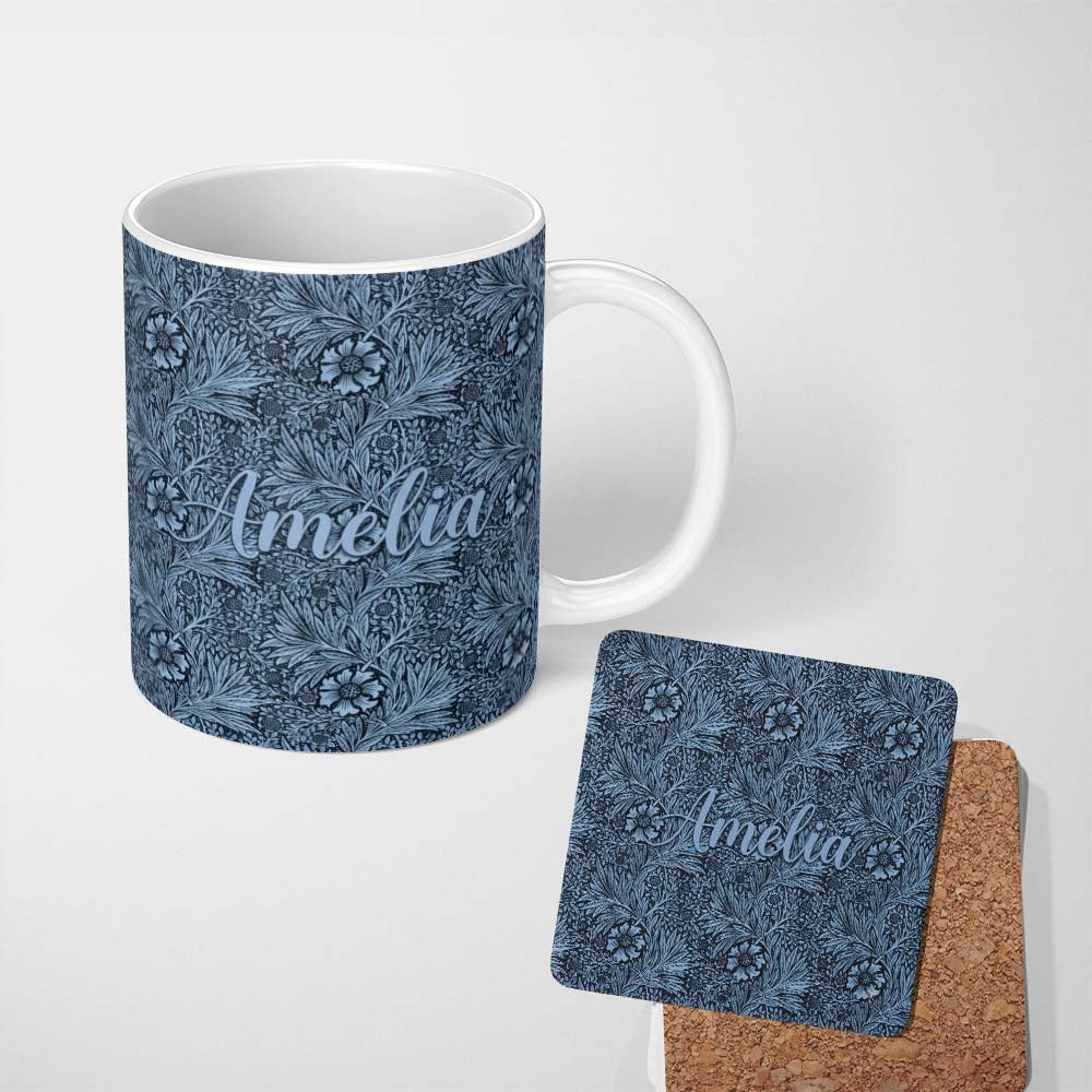 Personalized Custom Name Elegant Blue Botanical Floral Seamless Pattern Name Cute Unique Gift 11oz Ceramic Coffee Tea Mug White Large Handle