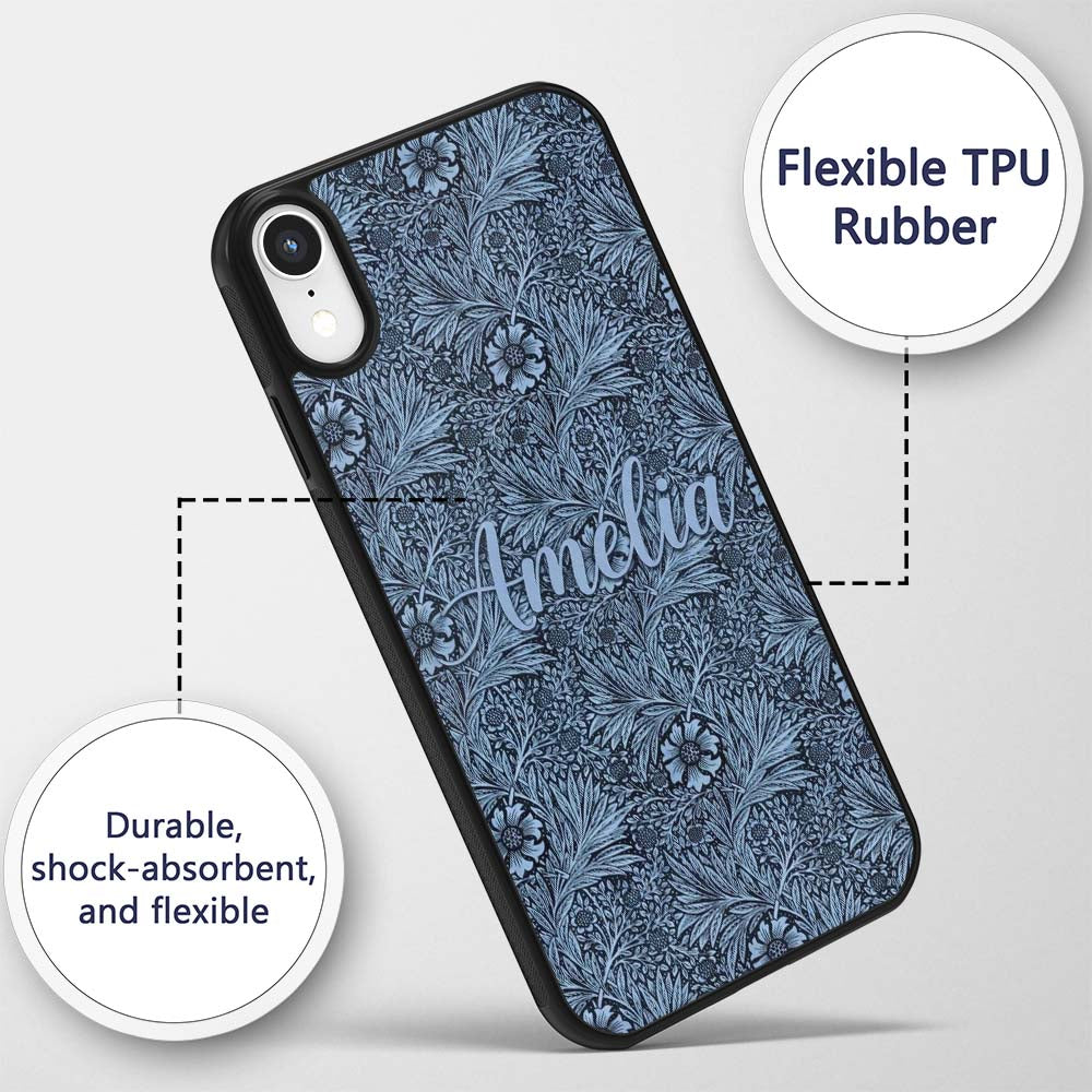 Elegant Blue Botanical Floral Seamless Pattern Custom Name Protective Phone Case Mobile Cover Durable Everyday Smartphone Shock Resistant