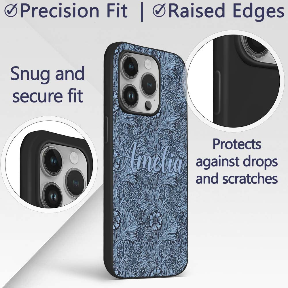 Elegant Blue Botanical Floral Seamless Pattern Custom Name Protective Phone Case Mobile Cover Durable Everyday Smartphone Shock Resistant