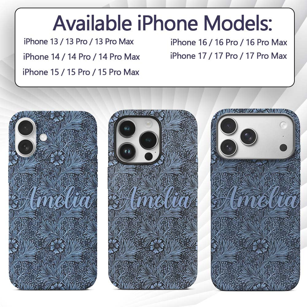 Elegant Blue Botanical Floral Seamless Pattern Custom Name Protective Phone Case Mobile Cover Durable Everyday Smartphone Shock Resistant