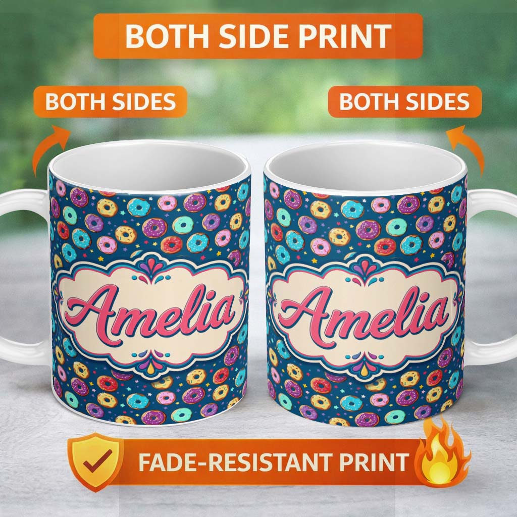 Personalized Custom Name Colorful Donut Sprinkles Pattern on Dark Background Seamless Name 11oz Ceramic Coffee Tea Mug White Large Handle