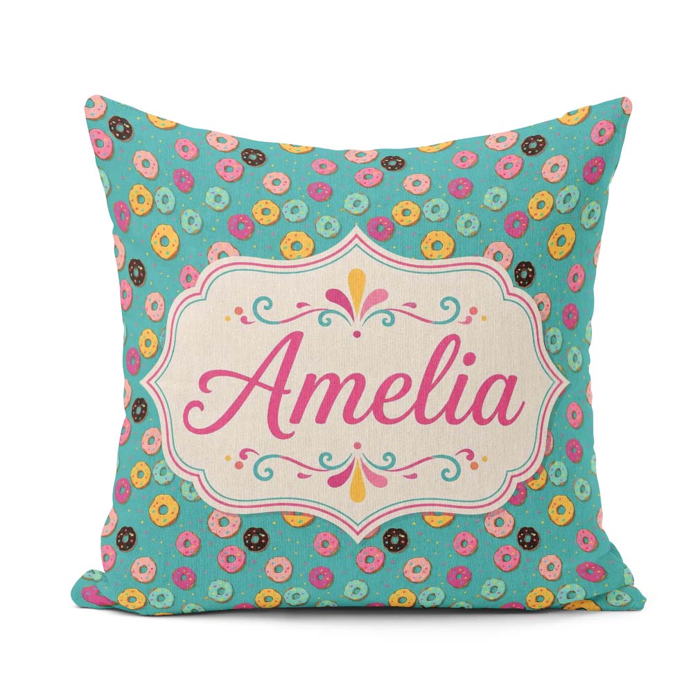 Custom Name Pastel Donut Sweet Treat Seamless Pattern Name Cute Square Filled Cushion Throw Pillow Sofa Bed Home Decor Zip Washable UK Made
