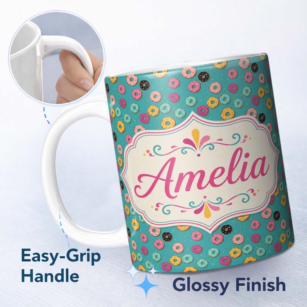 Personalized Custom Name Pastel Donut Sweet Treat Seamless Pattern Name Cute Unique Gift 11oz Ceramic Coffee Tea Mug White Large Handle