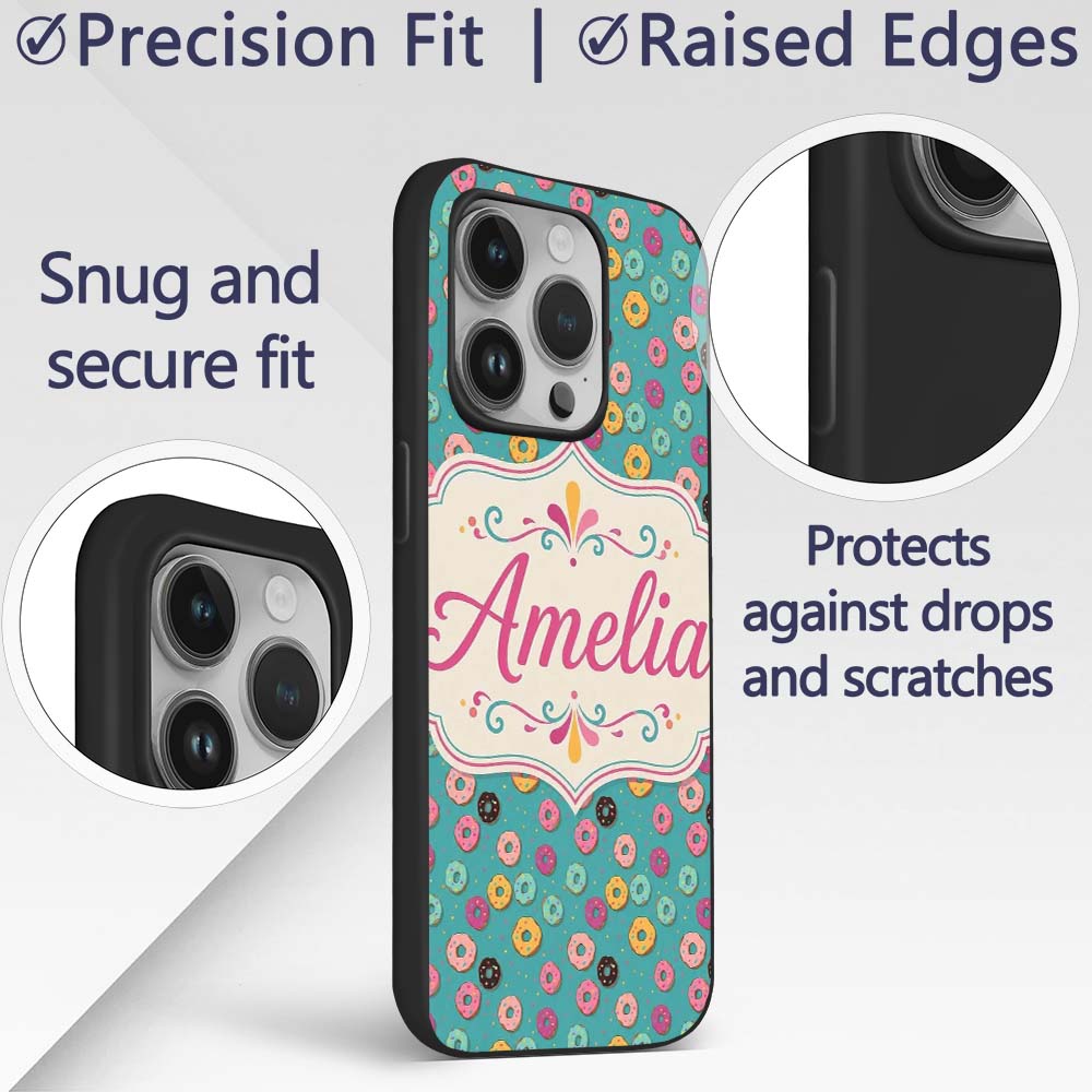 Pastel Donut Sweet Treat Seamless Pattern Name Custom Name Protective Phone Case Mobile Cover Durable Everyday Smartphone Shock Resistant