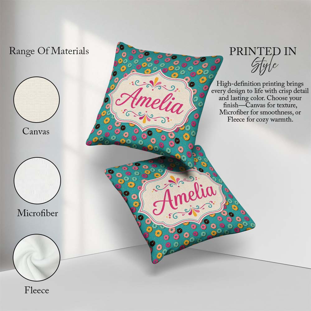 Custom Name Pastel Donut Sweet Treat Seamless Pattern Name Cute Square Filled Cushion Throw Pillow Sofa Bed Home Decor Zip Washable UK Made
