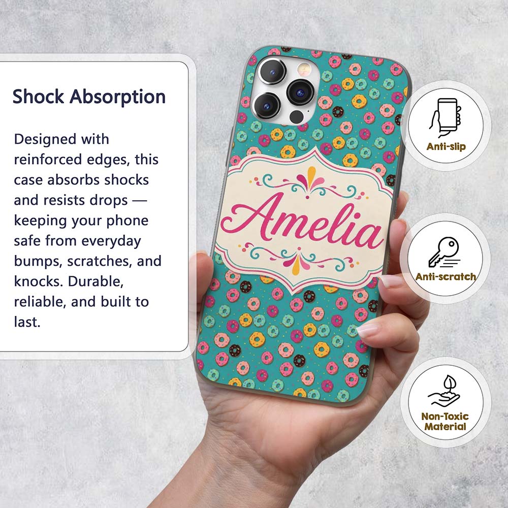 Pastel Donut Sweet Treat Seamless Pattern Name Custom Name Protective Phone Case Mobile Cover Durable Everyday Smartphone Shock Resistant