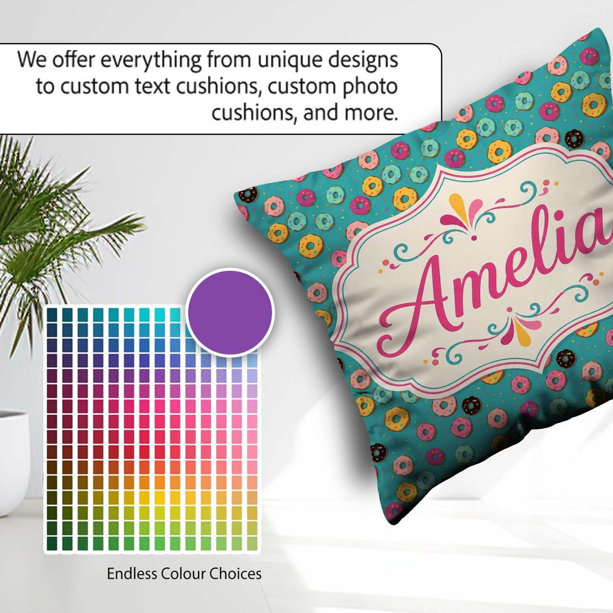 Custom Name Pastel Donut Sweet Treat Seamless Pattern Name Cute Square Filled Cushion Throw Pillow Sofa Bed Home Decor Zip Washable UK Made