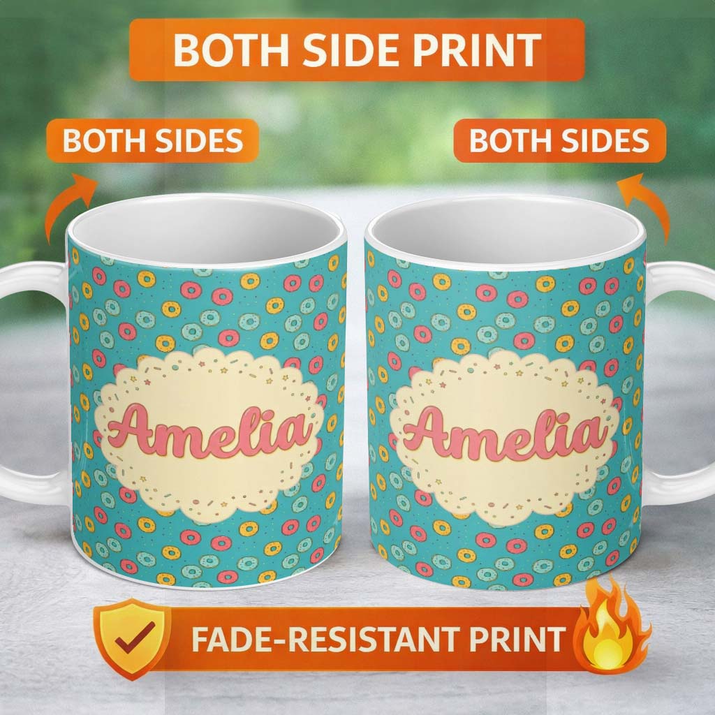 Personalized Custom Name Playful Donut Candy Sprinkle Seamless Pattern Custom Name Cute 11oz Ceramic Coffee Tea Mug White Large Handle