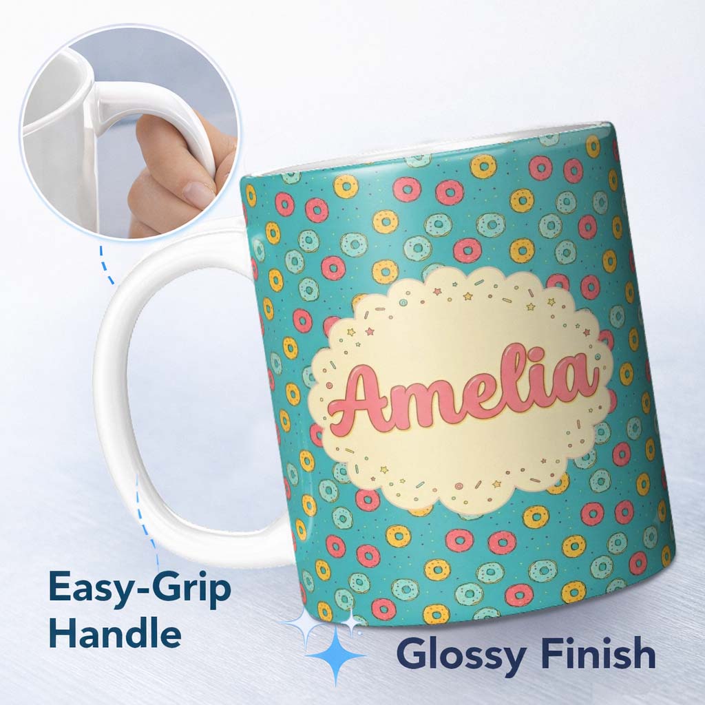 Personalized Custom Name Playful Donut Candy Sprinkle Seamless Pattern Custom Name Cute 11oz Ceramic Coffee Tea Mug White Large Handle
