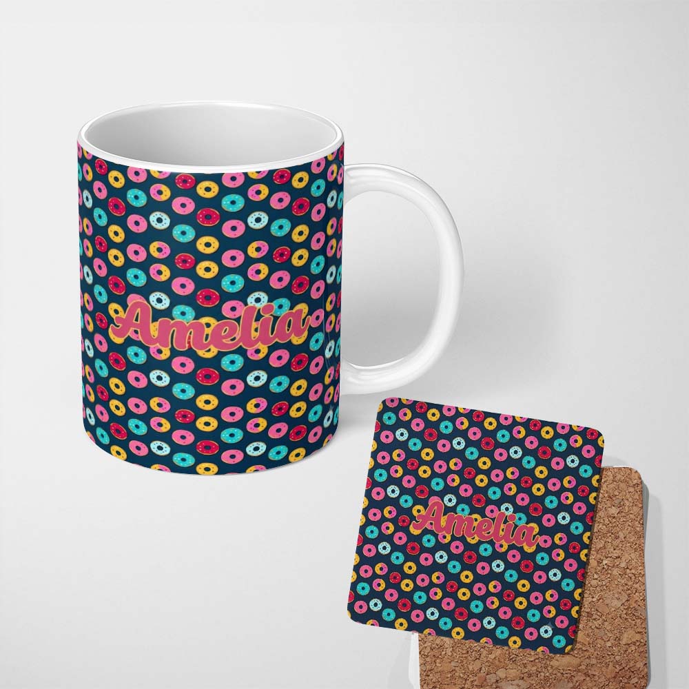 Personalized Custom Name Colorful Donut Pattern on Dark Blue Background Seamless Name Cute 11oz Ceramic Coffee Tea Mug White Large Handle