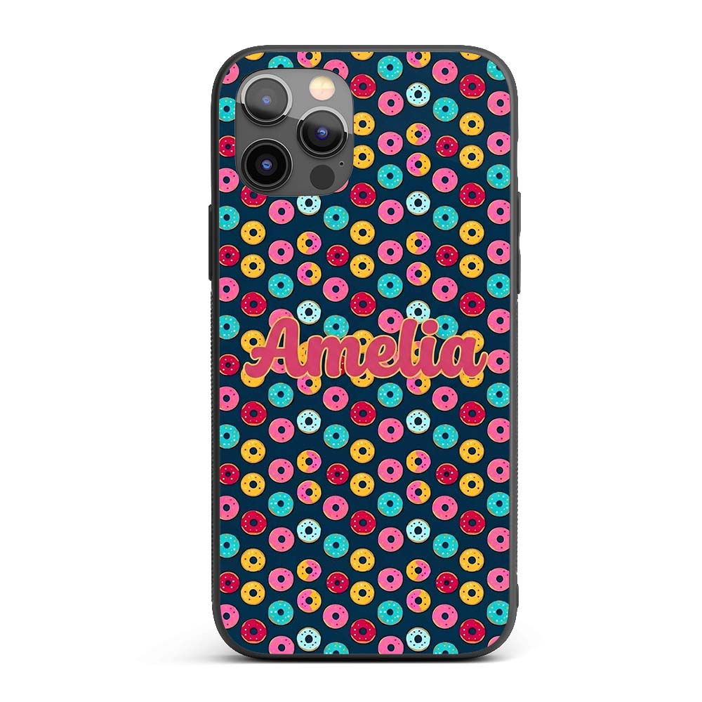 Colorful Donut Pattern on Dark Blue Background Custom Name Protective Phone Case Mobile Cover Durable Everyday Smartphone Shock Resistant