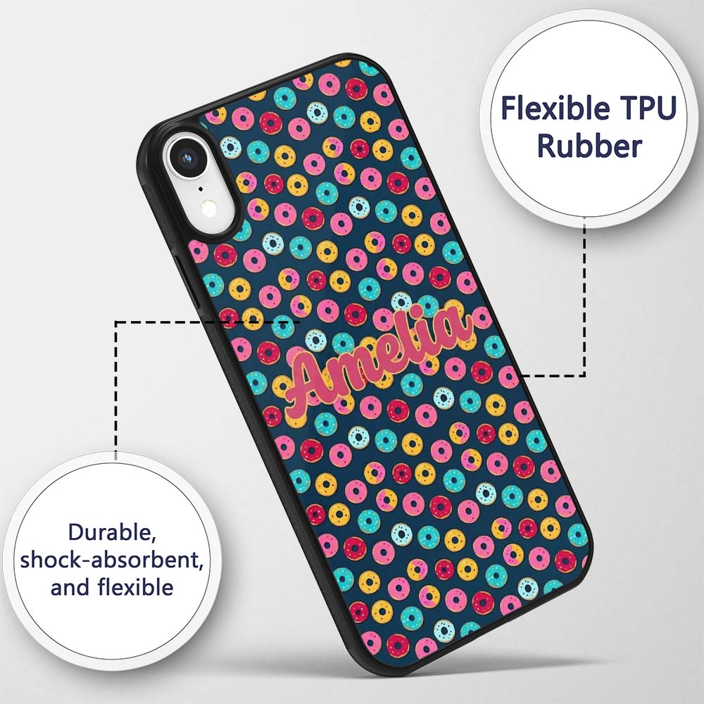 Colorful Donut Pattern on Dark Blue Background Custom Name Protective Phone Case Mobile Cover Durable Everyday Smartphone Shock Resistant