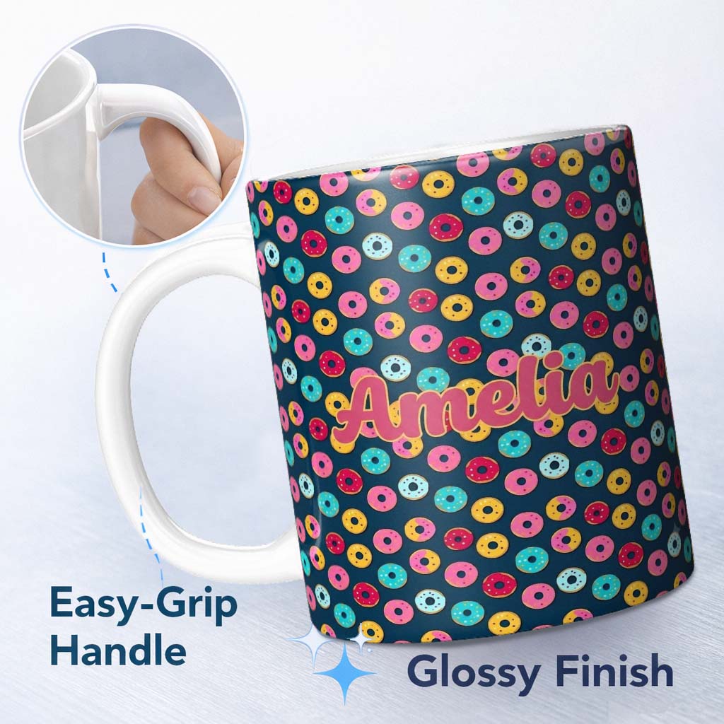 Personalized Custom Name Colorful Donut Pattern on Dark Blue Background Seamless Name Cute 11oz Ceramic Coffee Tea Mug White Large Handle