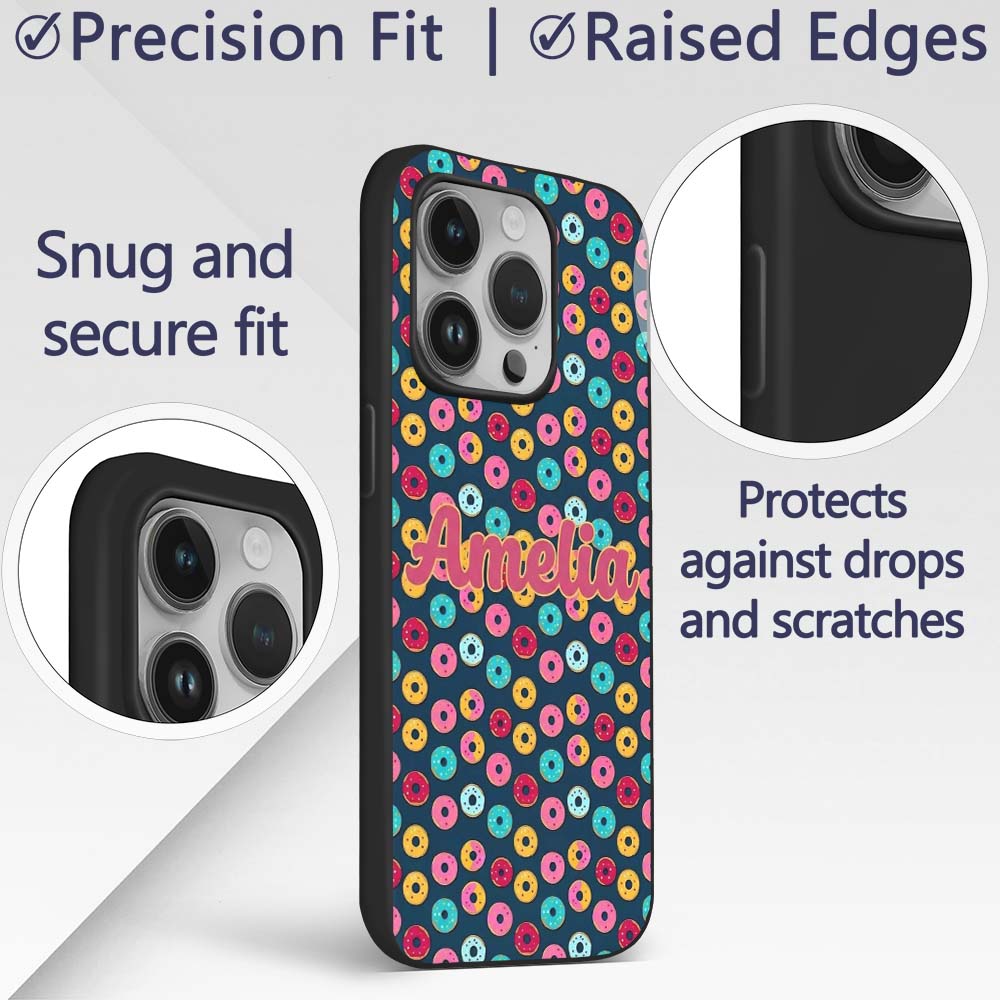 Colorful Donut Pattern on Dark Blue Background Custom Name Protective Phone Case Mobile Cover Durable Everyday Smartphone Shock Resistant