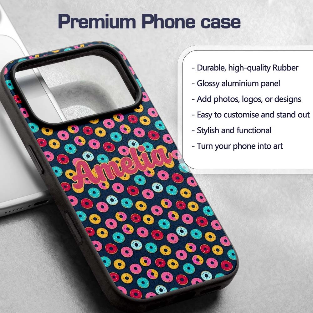 Colorful Donut Pattern on Dark Blue Background Custom Name Protective Phone Case Mobile Cover Durable Everyday Smartphone Shock Resistant