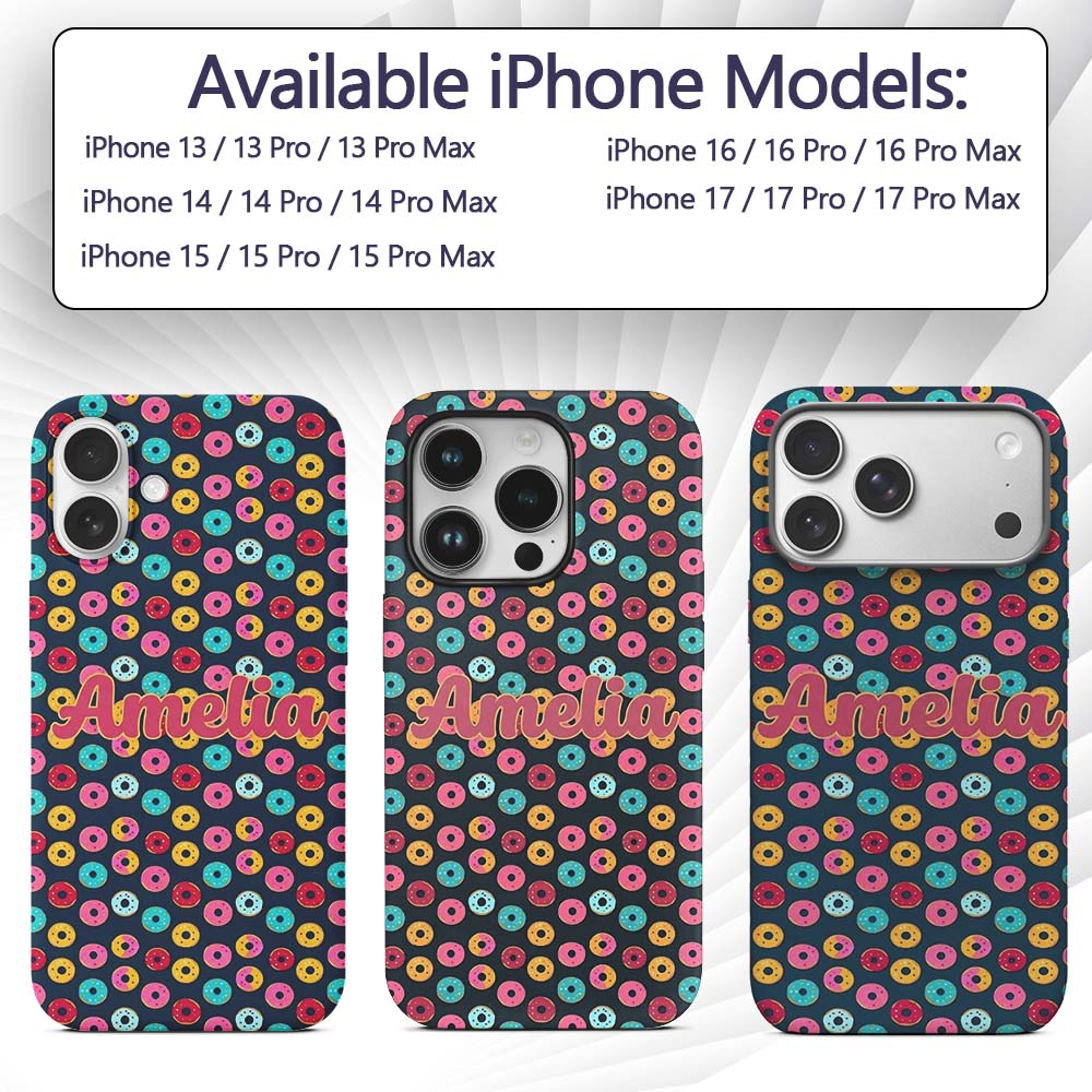 Colorful Donut Pattern on Dark Blue Background Custom Name Protective Phone Case Mobile Cover Durable Everyday Smartphone Shock Resistant
