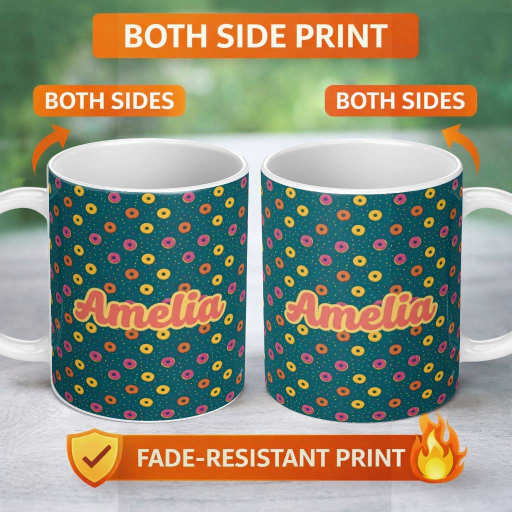 Personalized Custom Name Fun Sprinkle Donut Pattern on Teal Background Seamless Name Cute 11oz Ceramic Coffee Tea Mug White Large Handle