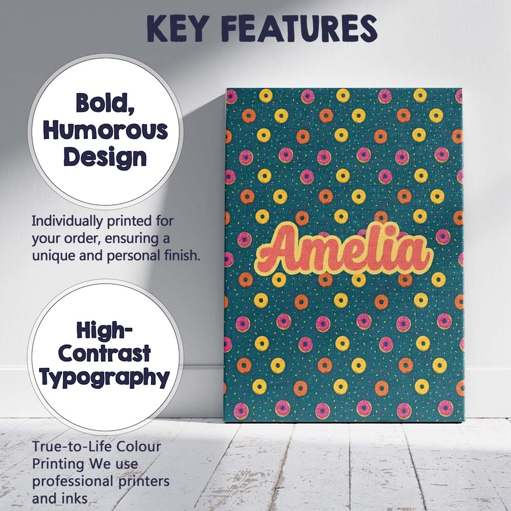 Personalised Name Fun Sprinkle Donut Custom Premium Decorative Design Modern Room Accent Canvas Wall Art Print Decor Picture Ready to Hang