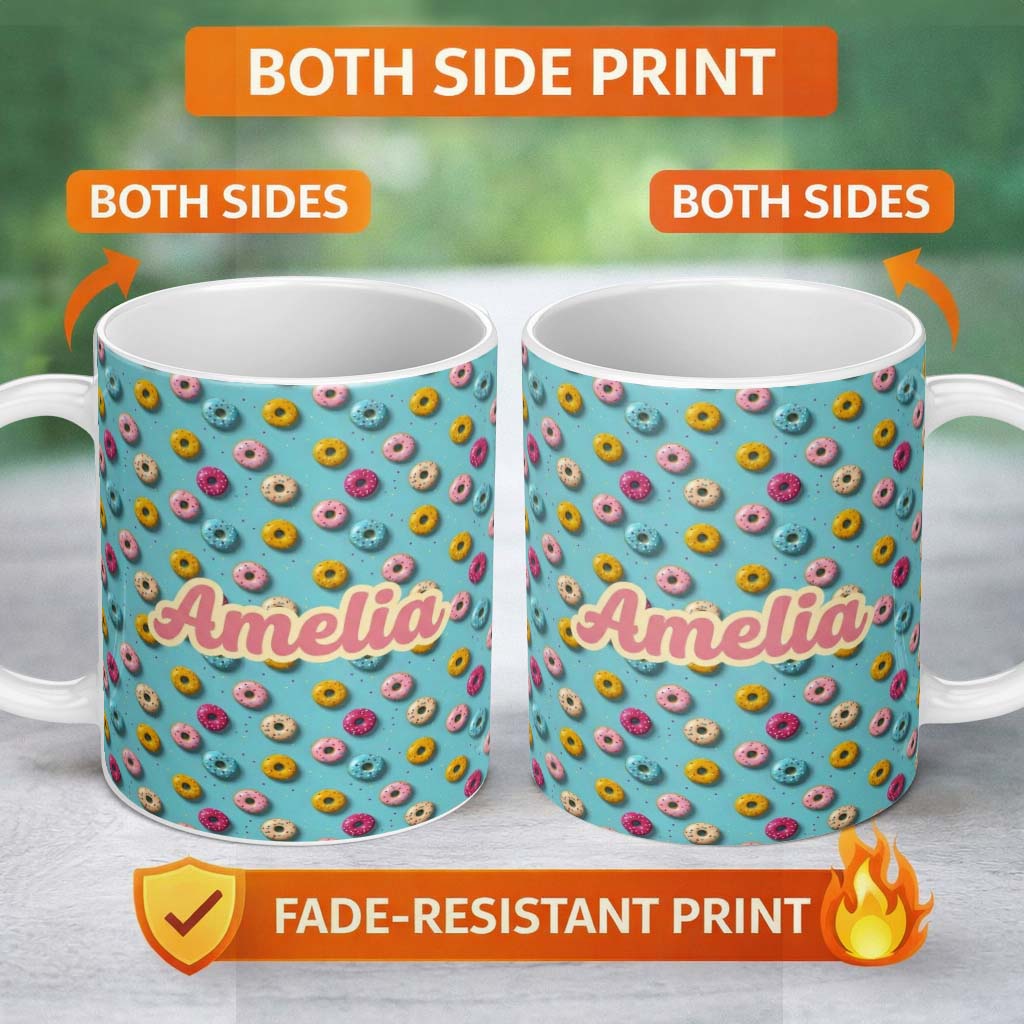 Personalized Custom Name Pastel Donut Sweet Treat Pattern on Blue Background Seamless Name 11oz Ceramic Coffee Tea Mug White Large Handle