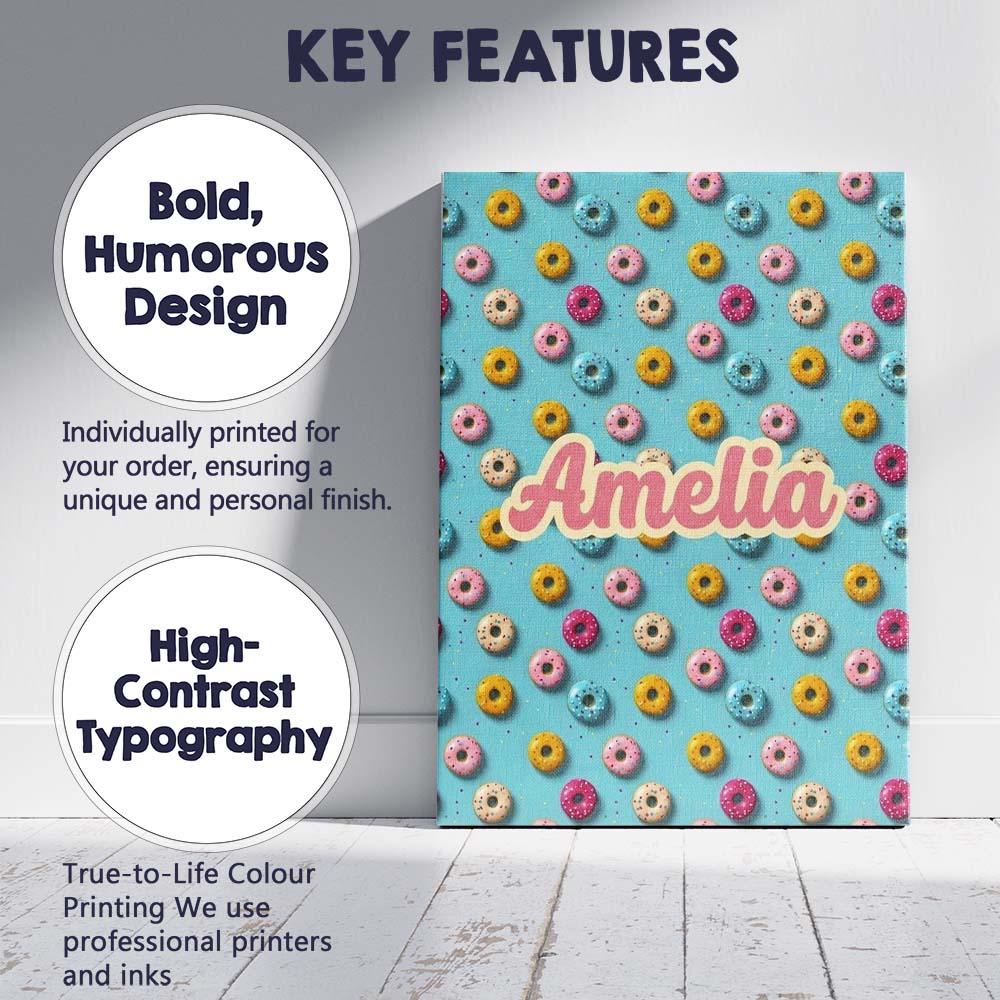 Personalised Name Pastel Donut Sweet Treat Custom Unique Gift Idea Elegant Feature Canvas Wall Art Print Decor Picture Ready to Hang