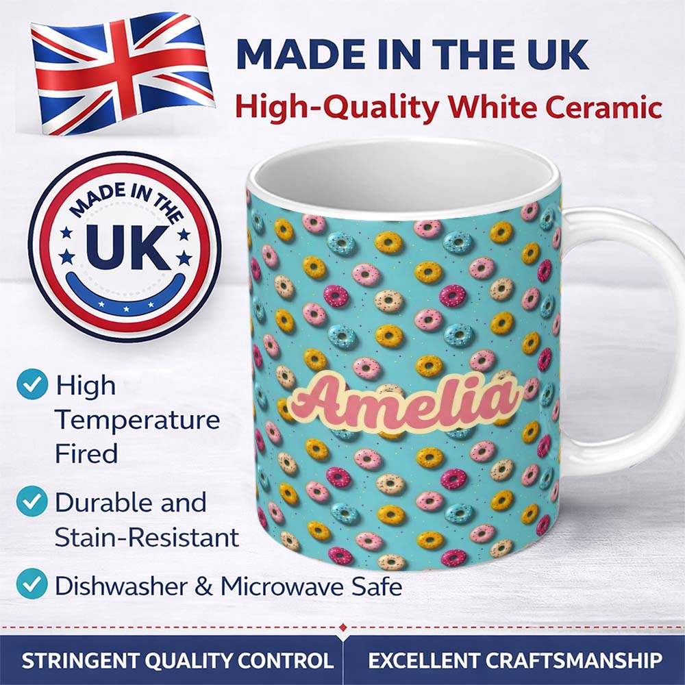 Personalized Custom Name Pastel Donut Sweet Treat Pattern on Blue Background Seamless Name 11oz Ceramic Coffee Tea Mug White Large Handle