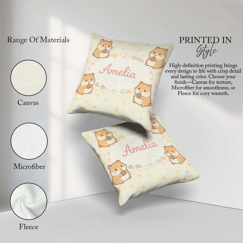 Custom Name Cute Hamster Cartoon Animal Pattern Perfect for Her Square Filled Cushion Throw Pillow Sofa Bed Home Decor Zip Washable UK Made