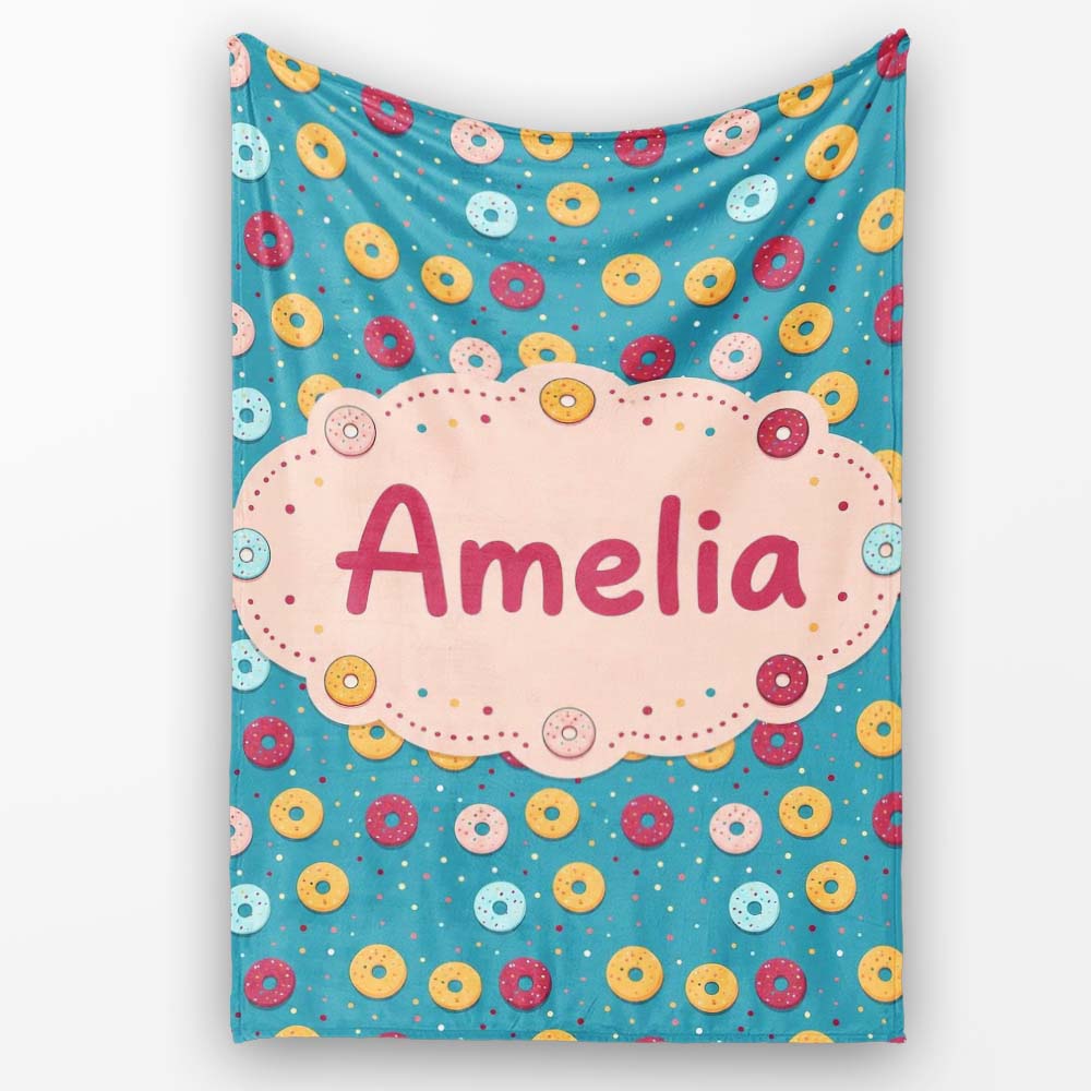 Playful Donut Sprinkle Pattern on Blue Background Seamless Name Cute Personalised Custom Name Super Soft Fleece Blanket Bed Sofa Throw